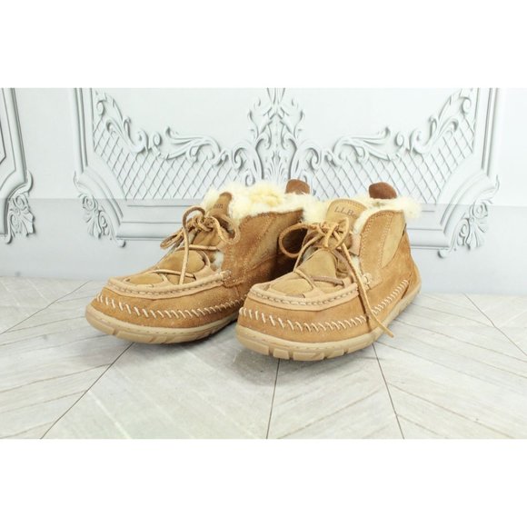 LL Bean Brown Suede Shearling Lined Wicked Good Lodge Chukkas Slippers 8 M - Picture 2 of 9